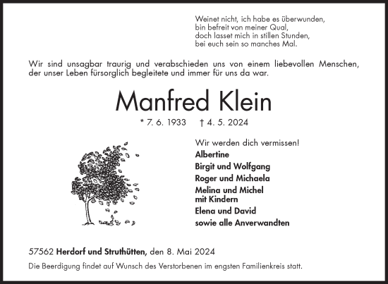 Traueranzeige von Manfred Klein von Siegener Zeitung