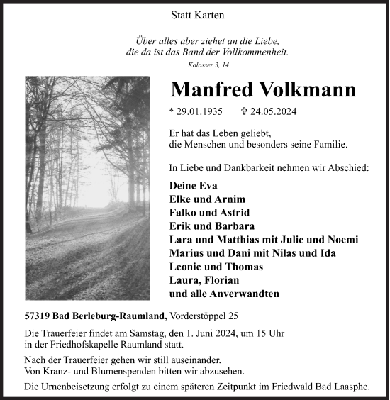 Traueranzeige von Manfred Volkmann von Siegener Zeitung