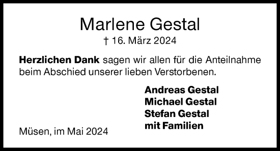 Traueranzeige von Marlene Gestal von Siegener Zeitung