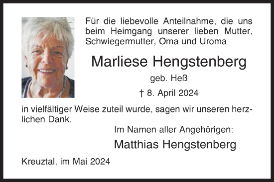 Traueranzeige von Marliese Hengstenberg von Siegener Zeitung