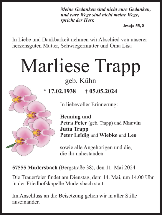 Traueranzeige von Marliese Trapp von Siegener Zeitung