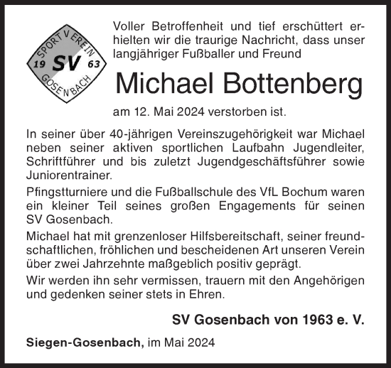 Traueranzeige von Michael Bottenberg von Siegener Zeitung