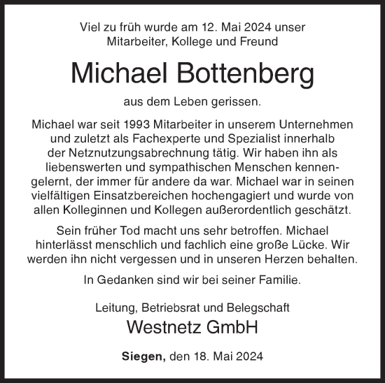 Traueranzeige von Michael Bottenberg von Siegener Zeitung