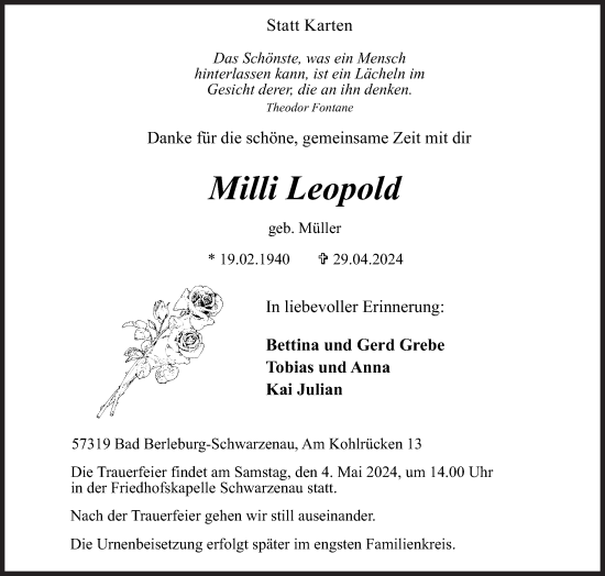 Traueranzeige von Milli Leopold von Siegener Zeitung