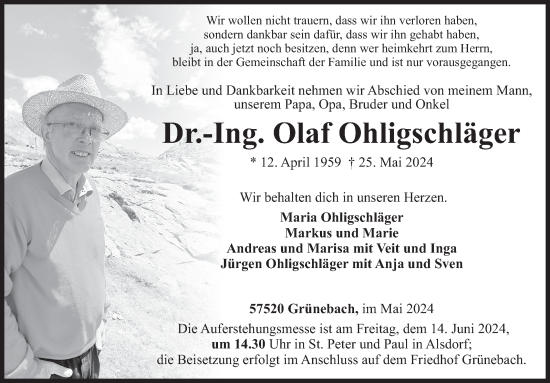 Traueranzeige von Olaf Ohligschläger von Siegener Zeitung