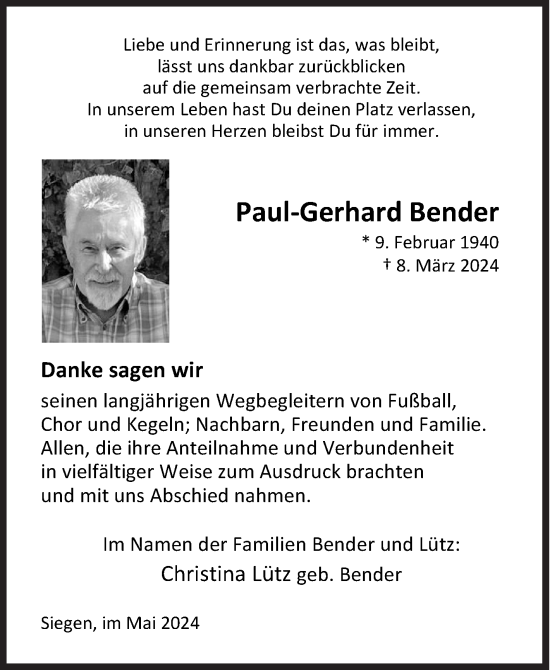 Traueranzeige von Paul-Gerhard Bender von Siegener Zeitung