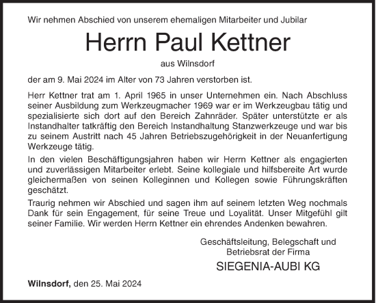 Traueranzeige von Paul Kettner von Siegener Zeitung