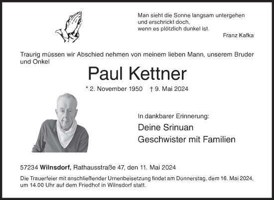 Traueranzeige von Paul Kettner von Siegener Zeitung