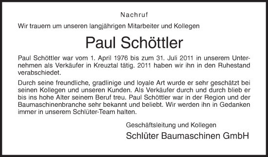 Traueranzeige von Paul Schöttler von Siegener Zeitung