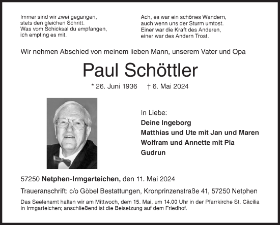 Traueranzeige von Paul Schöttler von Siegener Zeitung