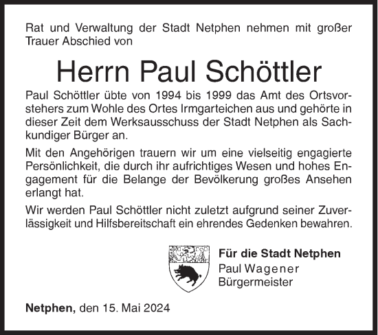 Traueranzeige von Paul Schöttler von Siegener Zeitung