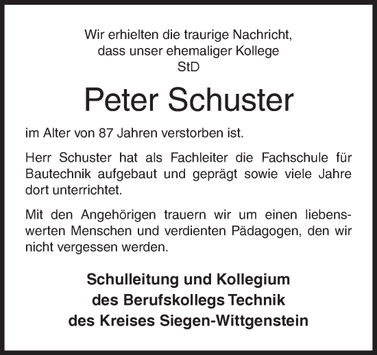 Traueranzeige von Peter Schuster von Siegener Zeitung