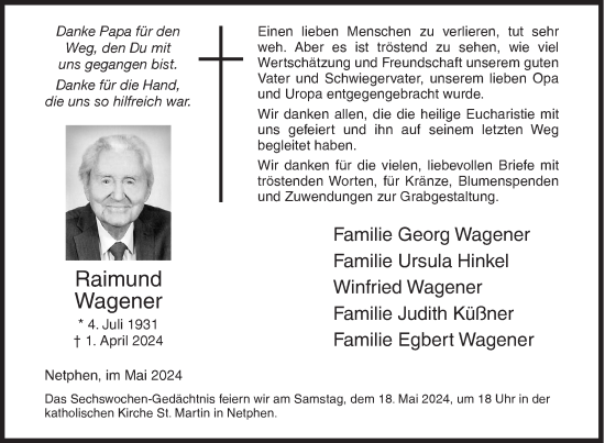 Traueranzeige von Raimund Wagener von Siegener Zeitung