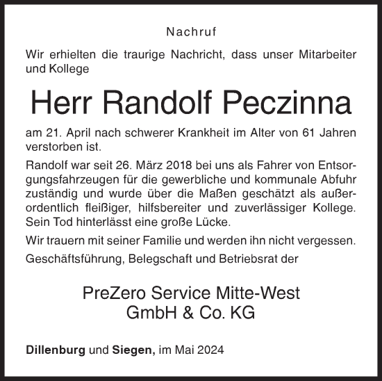 Traueranzeige von Randolf Peczinna von Siegener Zeitung