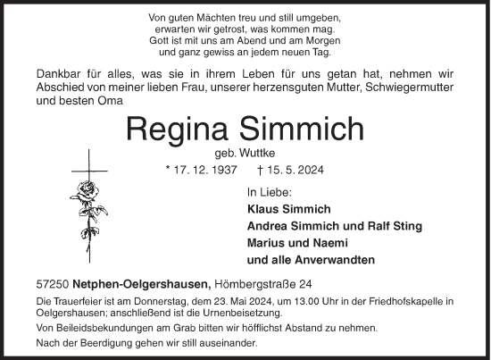 Traueranzeige von Regina Simmich von Siegener Zeitung