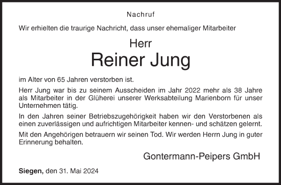 Traueranzeige von Reiner Jung von Siegener Zeitung
