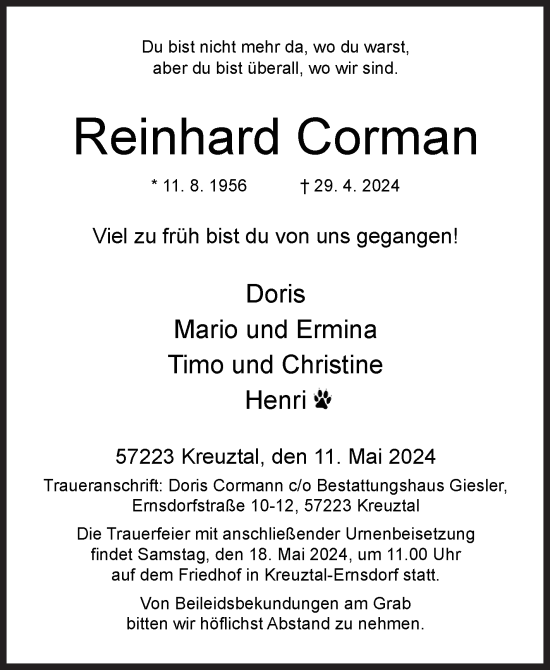 Traueranzeige von Reinhard Corman von Siegener Zeitung