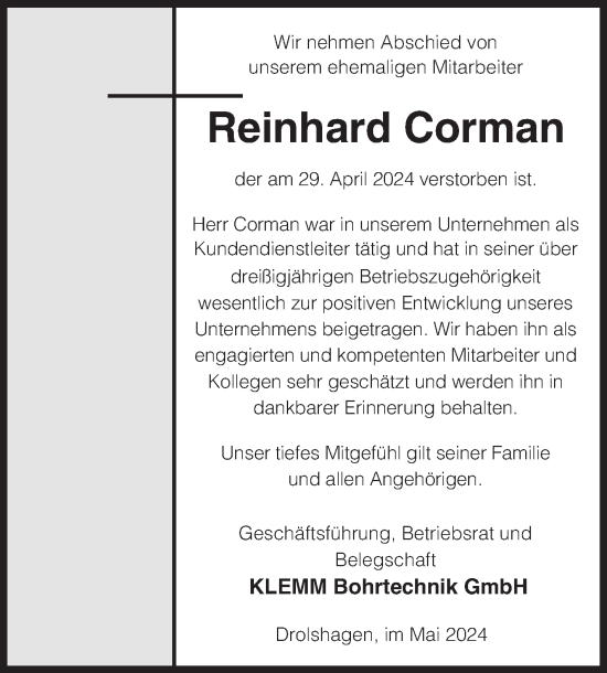 Traueranzeige von Reinhard Corman von Siegener Zeitung