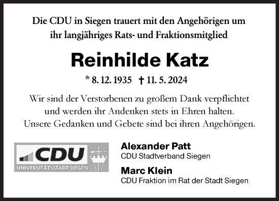 Traueranzeige von Reinhilde Katz von Siegener Zeitung