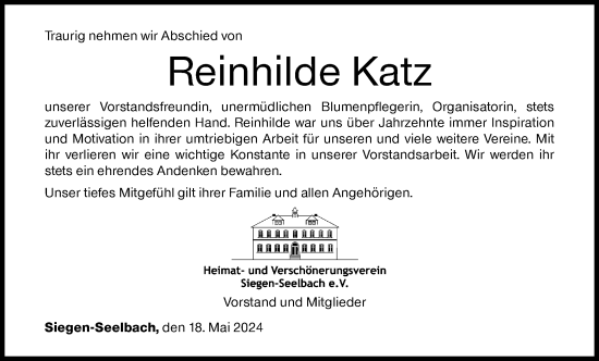 Traueranzeige von Reinhilde Katz von Siegener Zeitung