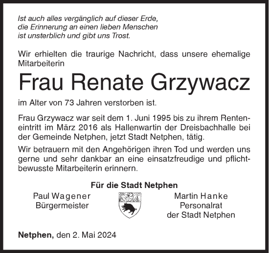 Traueranzeige von Renate Grzywacz von Siegener Zeitung
