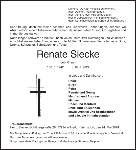 Traueranzeige von Renate Siecke von Siegener Zeitung