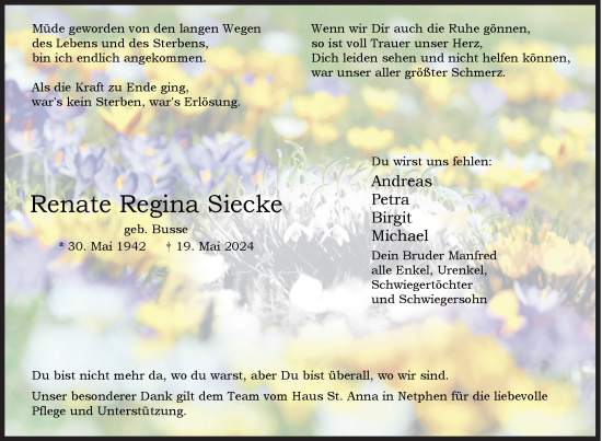 Traueranzeige von Renate Regina Siecke von Siegener Zeitung