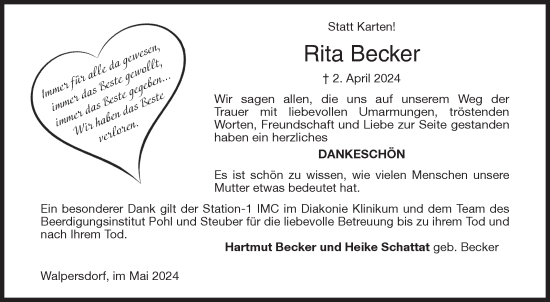 Traueranzeige von Rita Becker von Siegener Zeitung