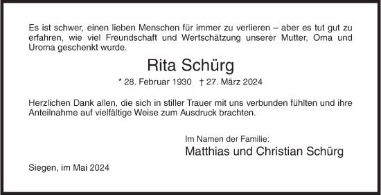 Traueranzeige von Rita Schürg von Siegener Zeitung