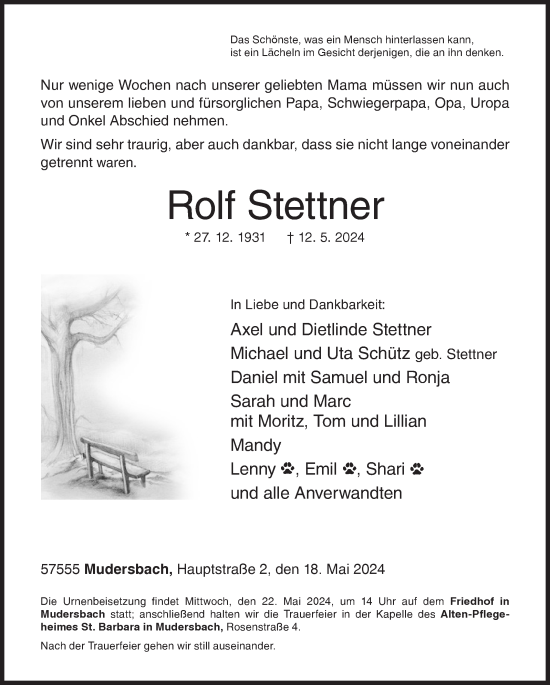 Traueranzeige von Rolf Stettner von Siegener Zeitung