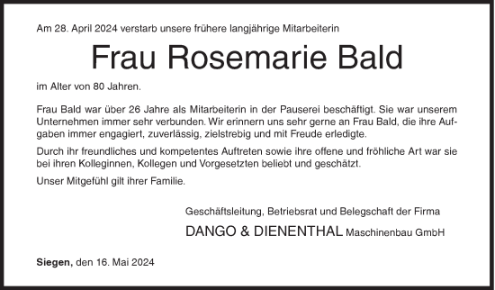Traueranzeige von Rosemarie Bald von Siegener Zeitung