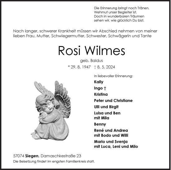 Traueranzeige von Rosi Wilmes von Siegener Zeitung