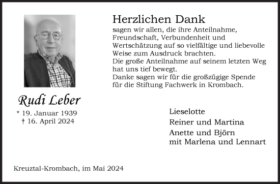 Traueranzeige von Rudi Leber von Siegener Zeitung