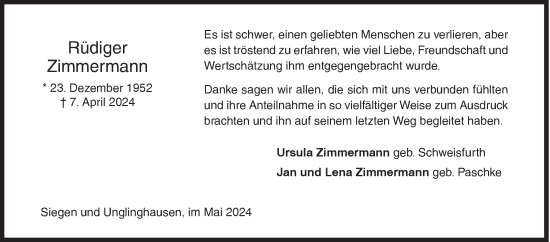 Traueranzeige von Rüdiger Zimmermannn von Siegener Zeitung