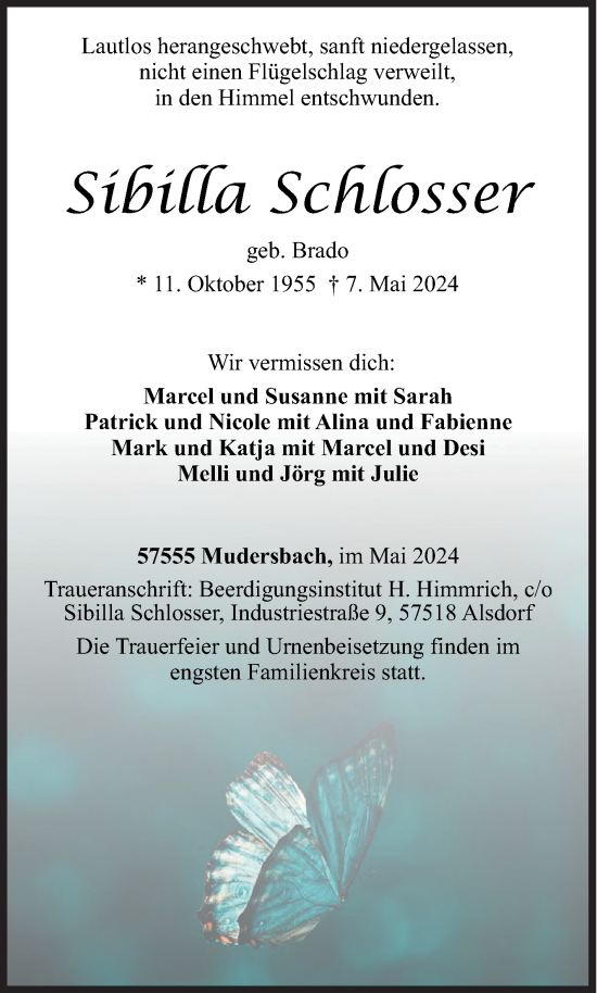 Traueranzeige von Sibilla Schlosser von Siegener Zeitung