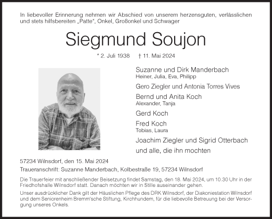 Traueranzeige von Siegmund Soujon von Siegener Zeitung