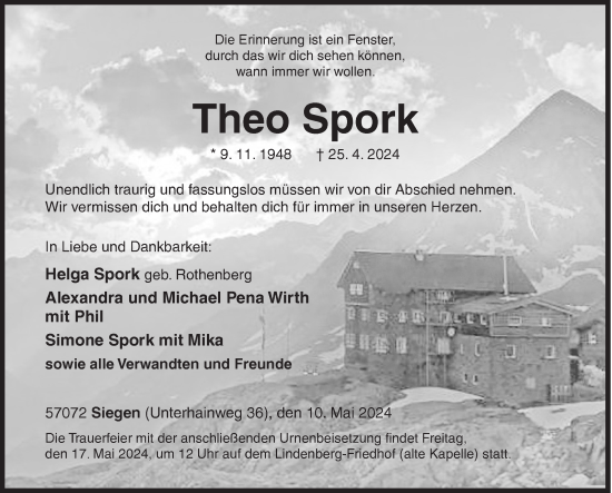 Traueranzeige von Theo Spork von Siegener Zeitung