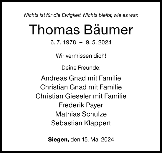 Traueranzeige von Thomas Bäumer von Siegener Zeitung