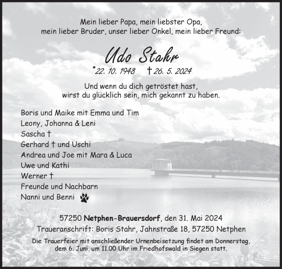 Traueranzeige von Udo Stahr von Siegener Zeitung