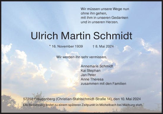 Traueranzeige von Ulrich Martin Schmidt von Siegener Zeitung