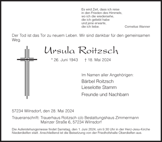 Traueranzeige von Ursula Roitzsch von Siegener Zeitung