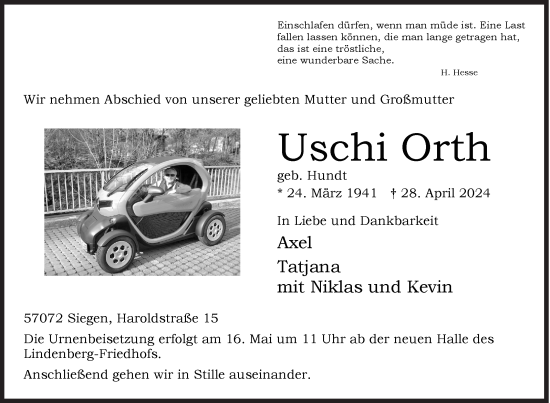Traueranzeige von Uschi Orth von Siegener Zeitung