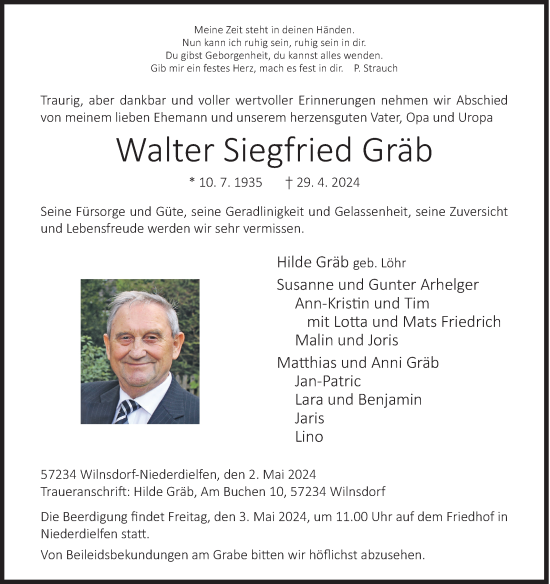 Traueranzeige von Walter Siegfried Gräb von Siegener Zeitung