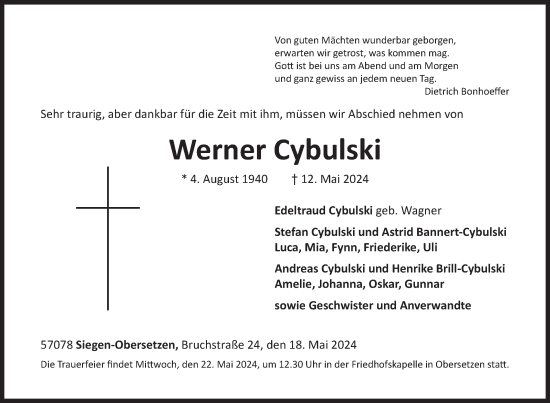 Traueranzeige von Werner Cybulski von Siegener Zeitung
