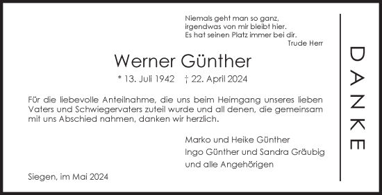 Traueranzeige von Werner Günther von Siegener Zeitung