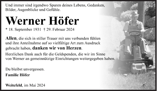 Traueranzeige von Werner Höfer von Siegener Zeitung
