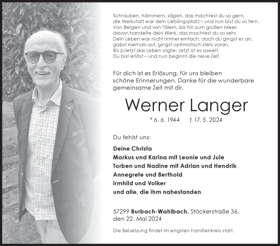 Traueranzeige von Werner Langer von Siegener Zeitung