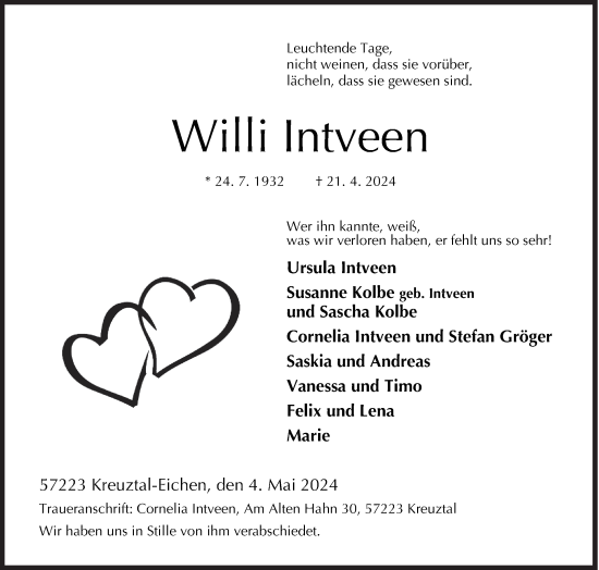 Traueranzeige von Willi Intveen von Siegener Zeitung