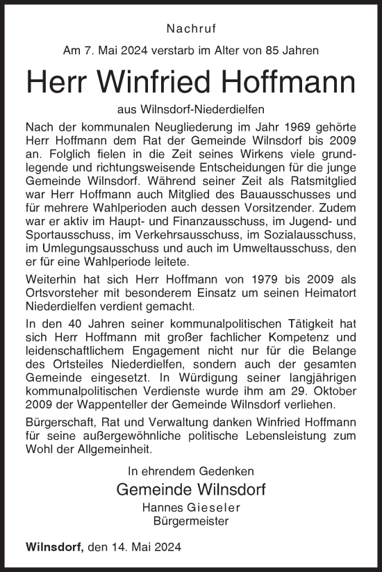 Traueranzeige von Winfried Hoffmann von Siegener Zeitung