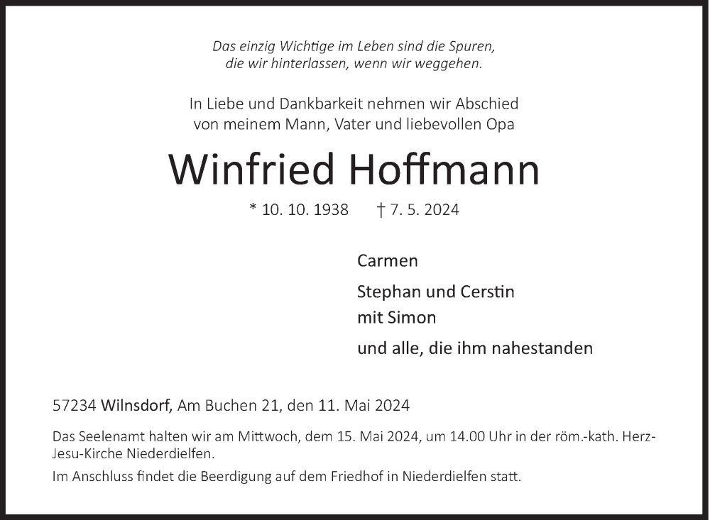  Traueranzeige für Winfried Hoffmann vom 11.05.2024 aus Siegener Zeitung